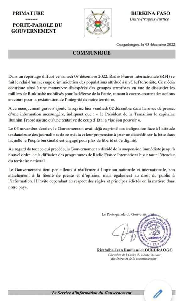 Burkina Faso : RFI suspendue sur toute l'étendue du territoire par le gouvernement