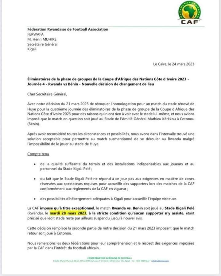 CAN 2023 en Côte d'Ivoire : La CAF change de décision à propos du match Rwanda - Bénin