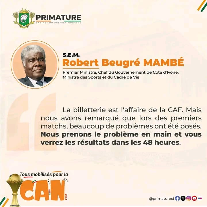 Côte d'Ivoire : Accès à la billetterie de la CAN 2023, le PM Mambé décide de prendre les choses en main