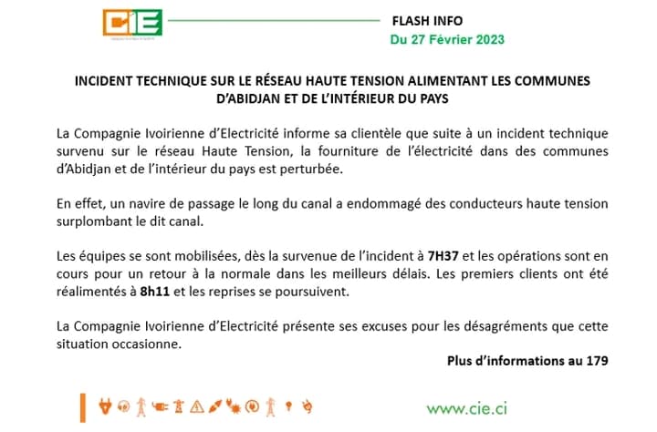 Côte d'Ivoire : Incident sur le réseau électrique (Communiqué de la CIE)